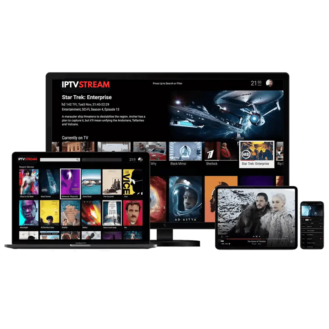 IPTV in USA - IPTV STREAM service on multiple devices showing Smarters IPTV interface with 97,000+ channels
